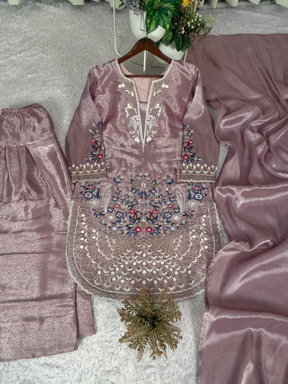 Pink Designer Embroidered Organza Top with Farsi Salwaar & Dupatta Set