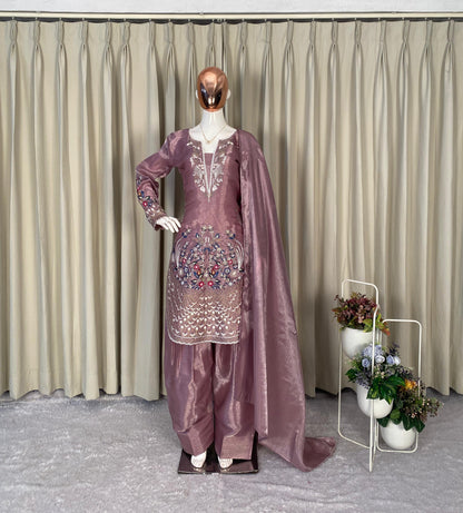 Pink Designer Embroidered Organza Top with Farsi Salwaar & Dupatta Set