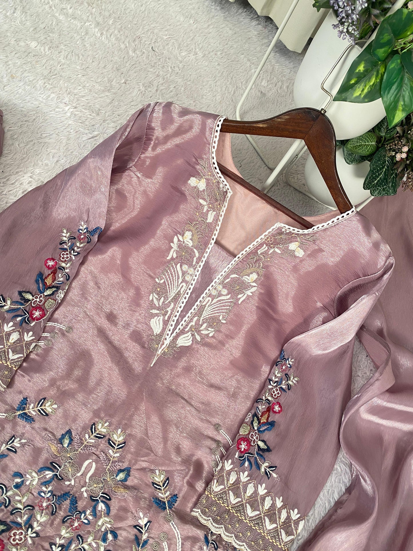 Pink Designer Embroidered Organza Top with Farsi Salwaar & Dupatta Set