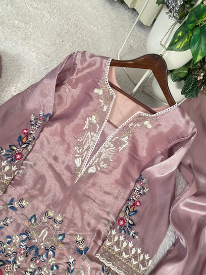 Pink Designer Embroidered Organza Top with Farsi Salwaar & Dupatta Set