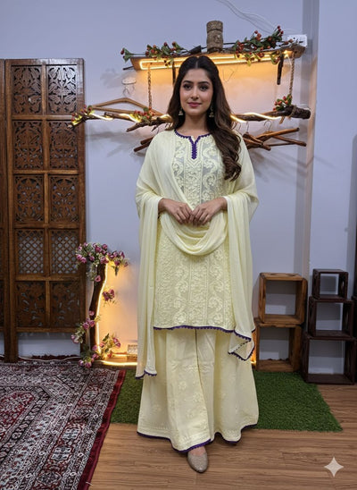 Beige Resham Jaal Premium Viscose Chikankari Short Kurti Set