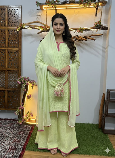 Light Green Resham Jaal Premium Viscose Chikankari Short Kurti Set