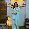 Aqua Blue Resham Jaal Premium Viscose Chikankari Short Kurti Set