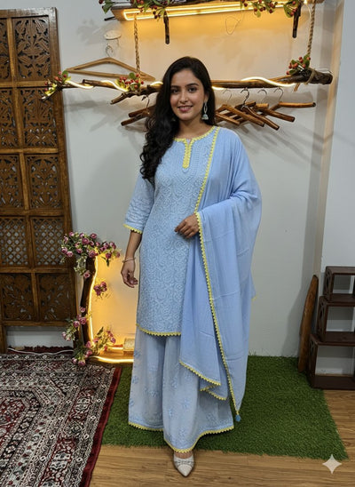 Sky Blue Resham Jaal Premium Viscose Chikankari Short Kurti Set