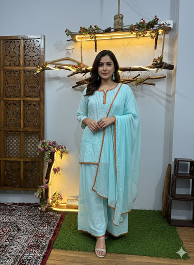 Aqua Blue Resham Jaal Premium Viscose Chikankari Short Kurti Set