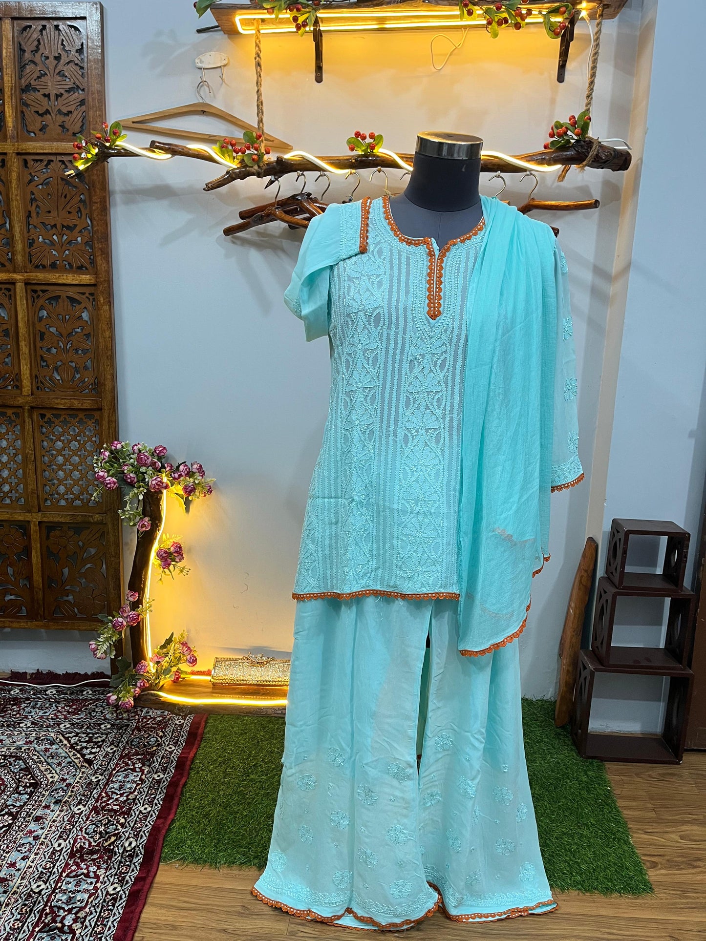 Aqua Blue Resham Jaal Premium Viscose Chikankari Short Kurti Set