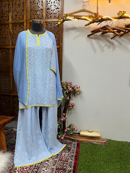 Sky Blue Resham Jaal Premium Viscose Chikankari Short Kurti Set