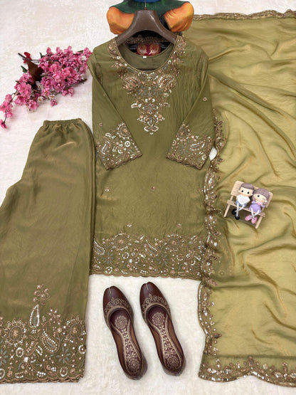 Mehendi Color Zara-Zari Collection: NC Moss Silk Embroidered Kurti & Palazzo Set