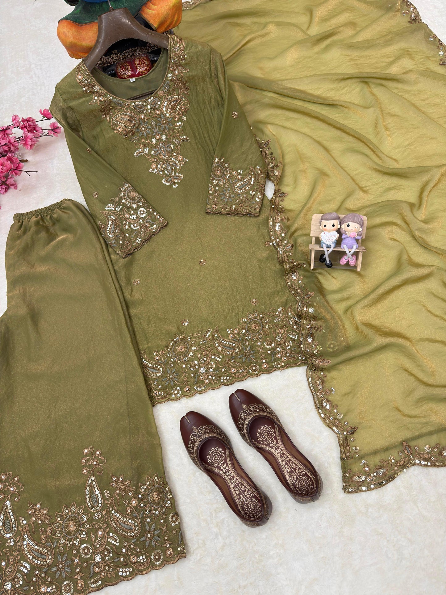 Mehendi Color Zara-Zari Collection: NC Moss Silk Embroidered Kurti & Palazzo Set