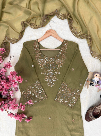 Mehendi Color Zara-Zari Collection: NC Moss Silk Embroidered Kurti & Palazzo Set