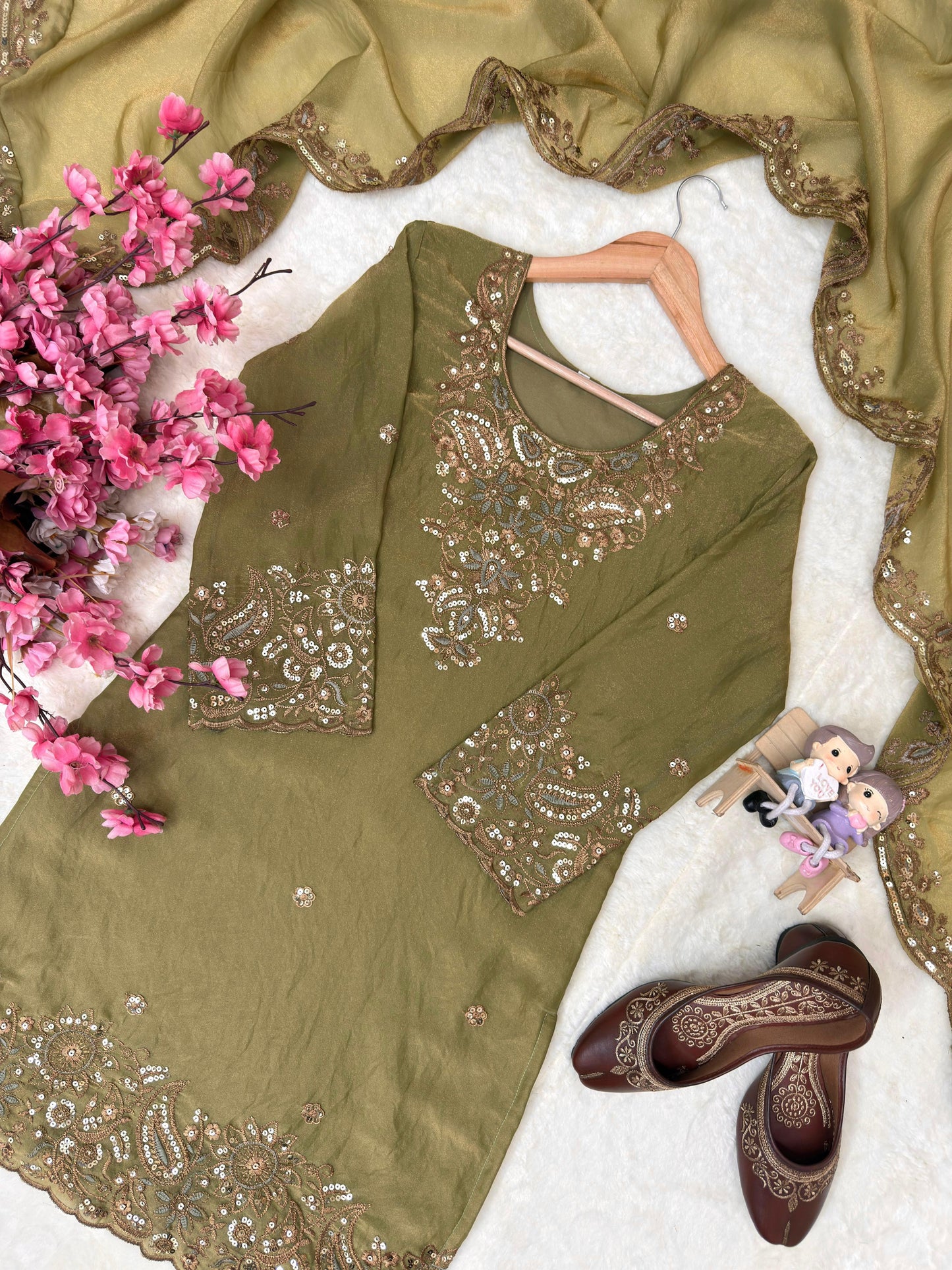 Mehendi Color Zara-Zari Collection: NC Moss Silk Embroidered Kurti & Palazzo Set