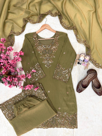 Mehendi Color Zara-Zari Collection: NC Moss Silk Embroidered Kurti & Palazzo Set