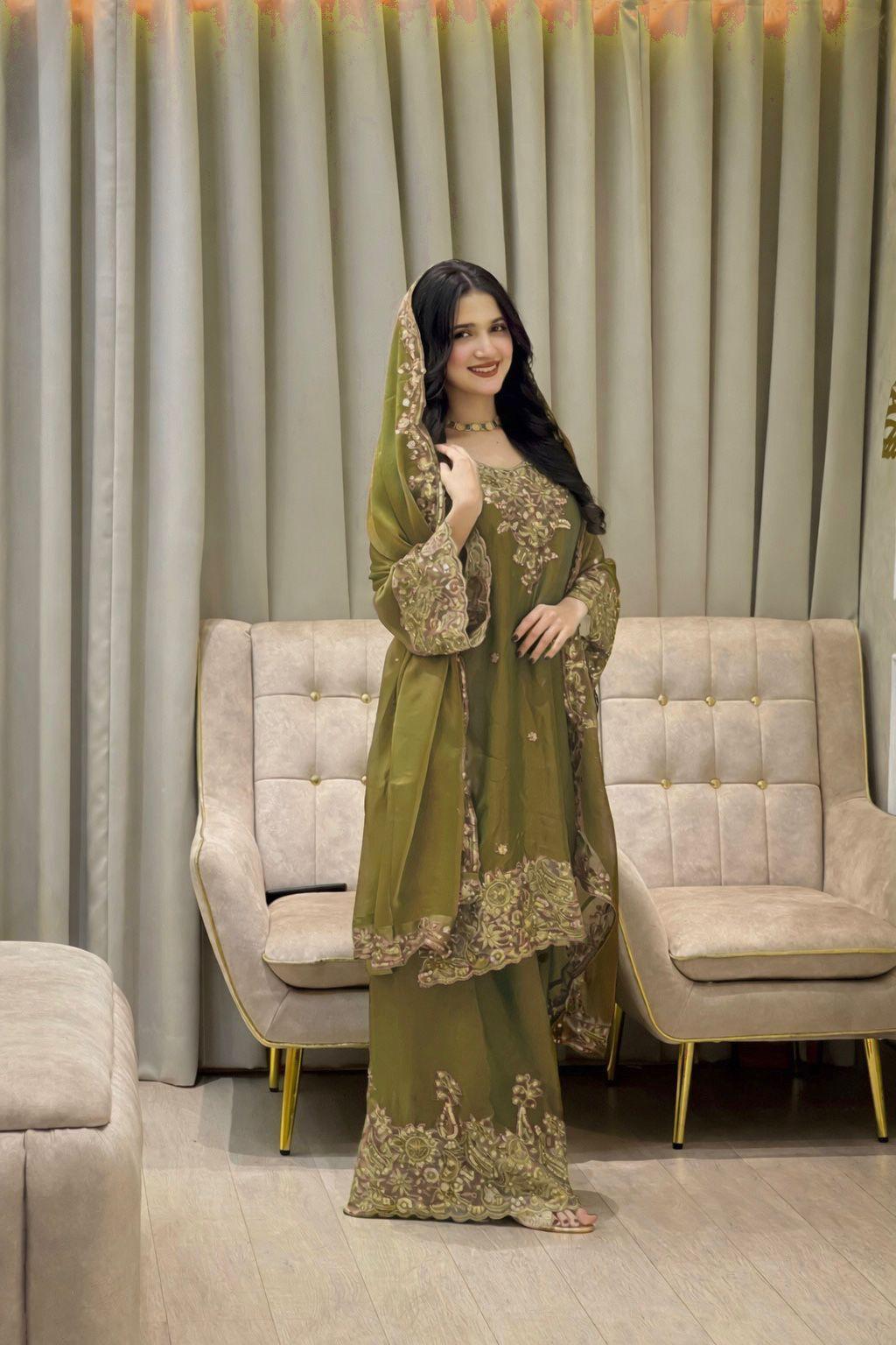 Mehendi Color Zara-Zari Collection: NC Moss Silk Embroidered Kurti & Palazzo Set