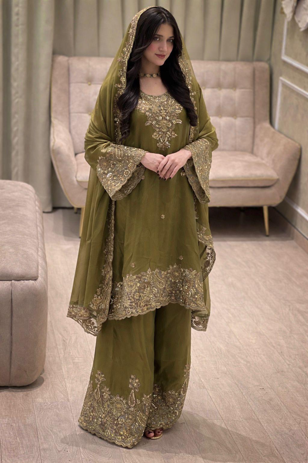 Mehendi Color Zara-Zari Collection: NC Moss Silk Embroidered Kurti & Palazzo Set