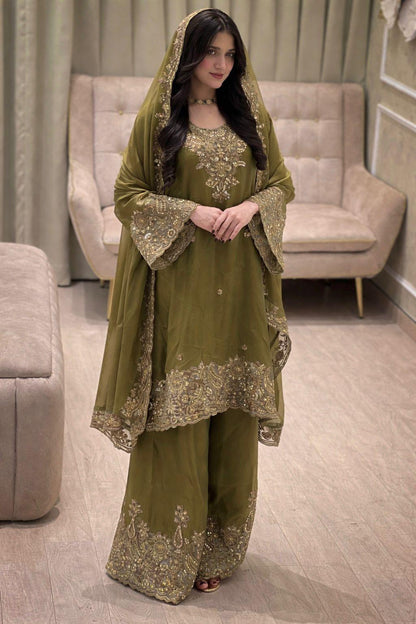Mehendi Color Zara-Zari Collection: NC Moss Silk Embroidered Kurti & Palazzo Set