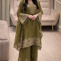 Mehendi Color Zara-Zari Collection: NC Moss Silk Embroidered Kurti & Palazzo Set