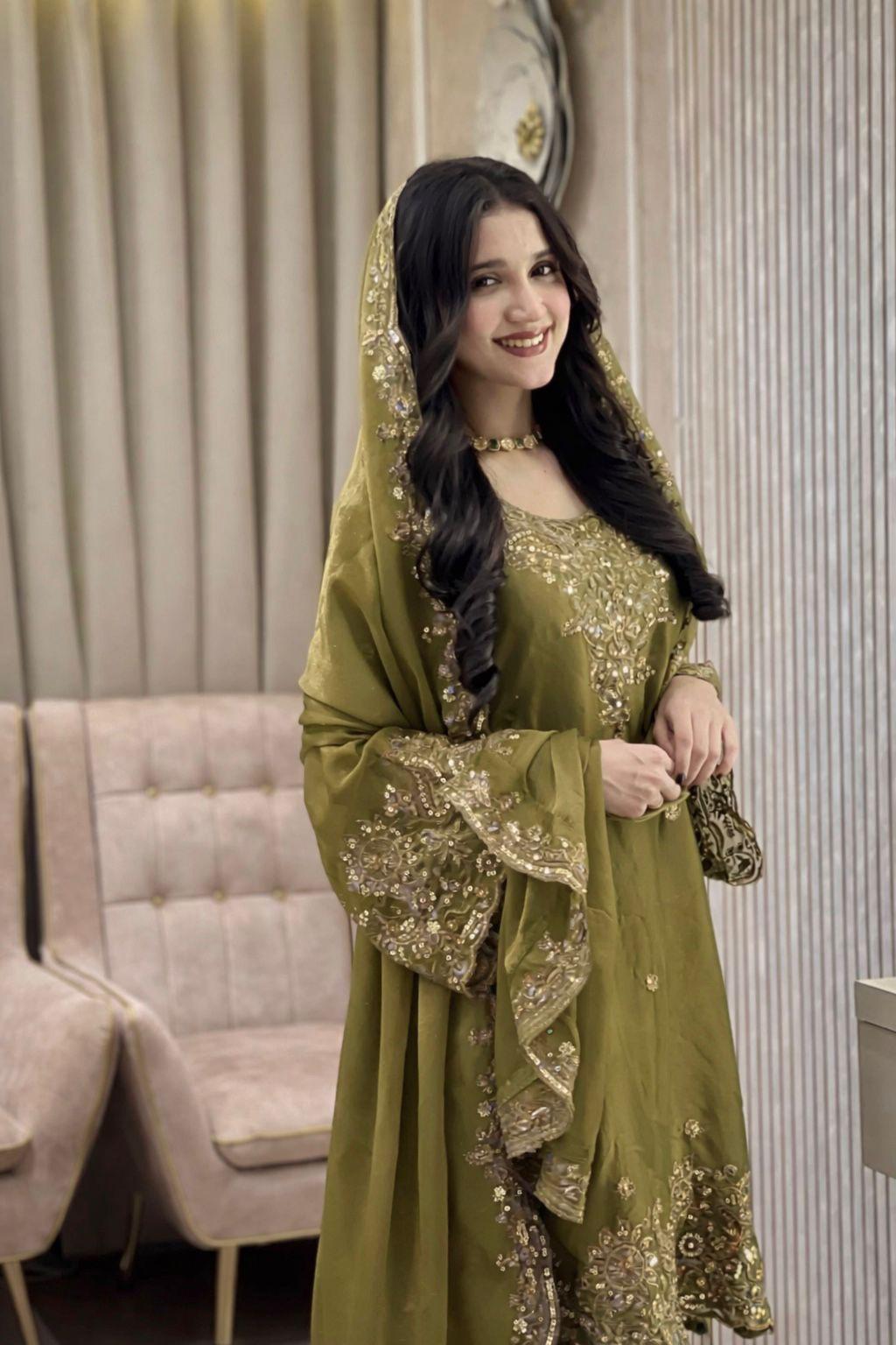 Mehendi Color Zara-Zari Collection: NC Moss Silk Embroidered Kurti & Palazzo Set
