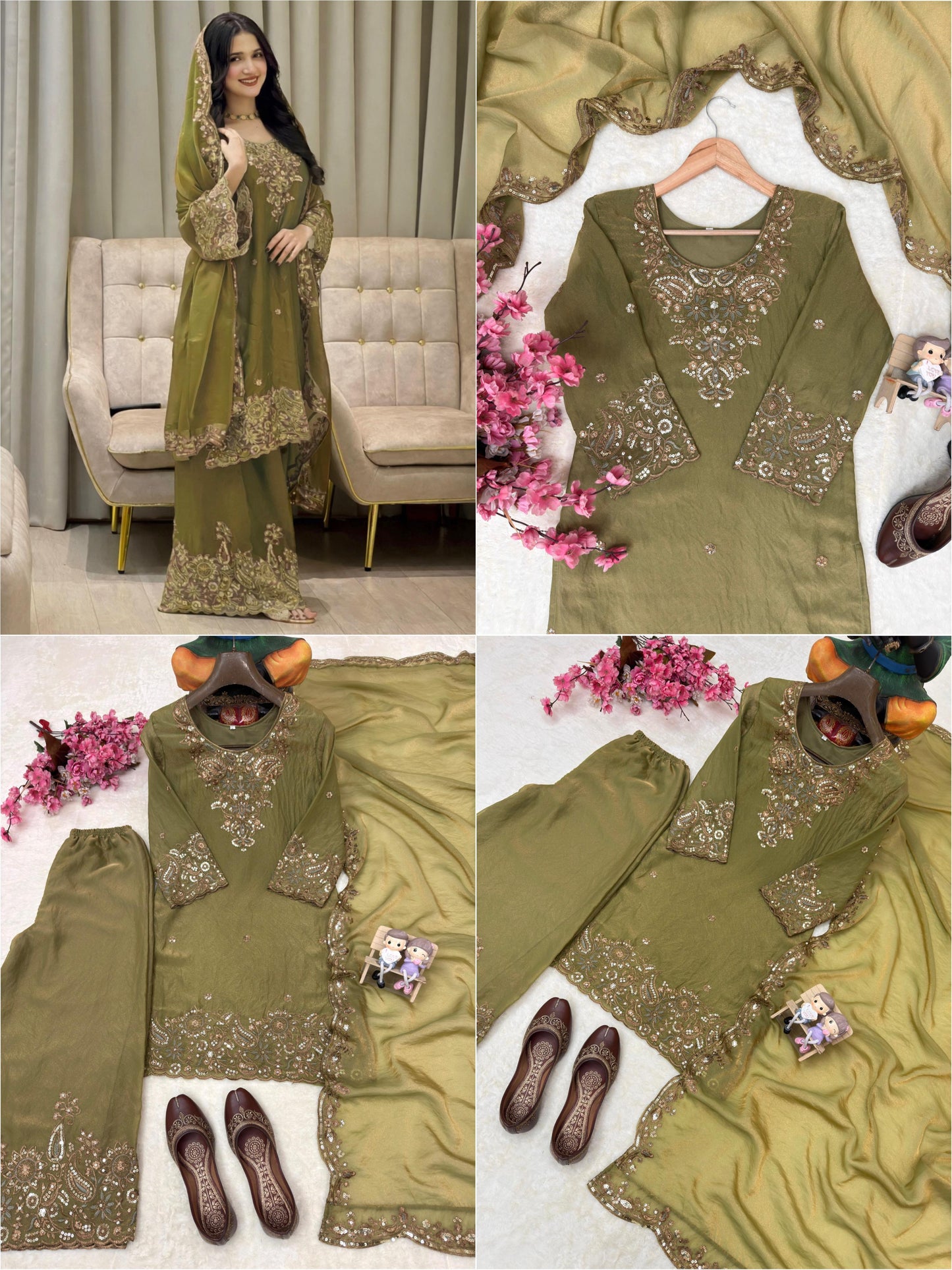 Mehendi Color Zara-Zari Collection: NC Moss Silk Embroidered Kurti & Palazzo Set