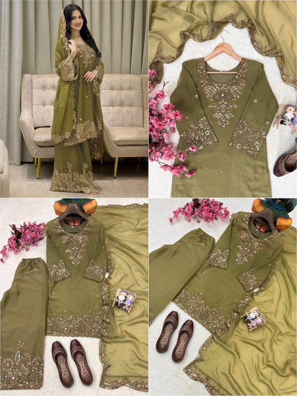 Mehendi Color Zara-Zari Collection: NC Moss Silk Embroidered Kurti & Palazzo Set