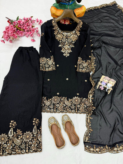 Black Color Zara-Zari Collection: NC Moss Silk Embroidered Kurti & Palazzo Set