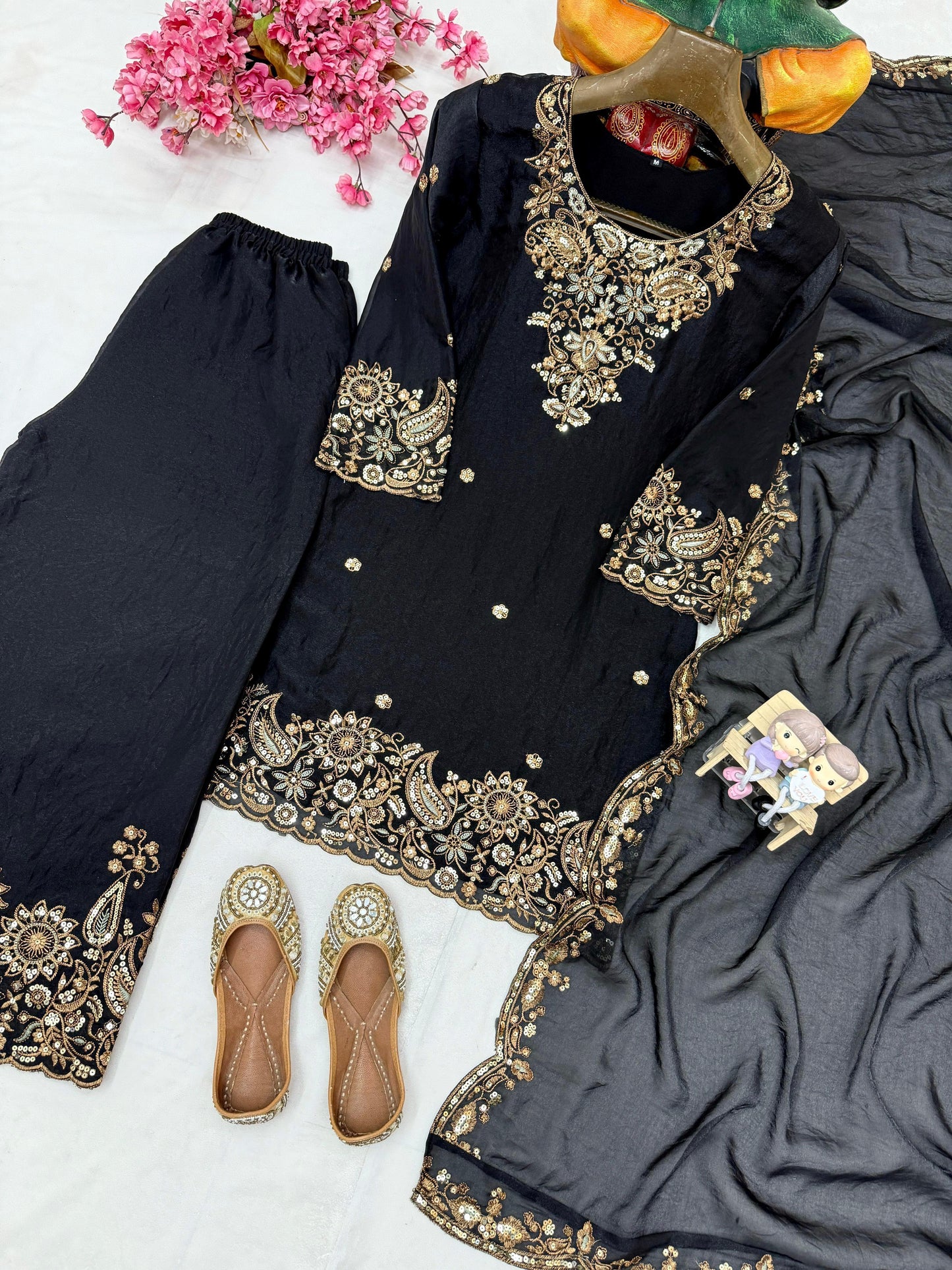 Black Color Zara-Zari Collection: NC Moss Silk Embroidered Kurti & Palazzo Set