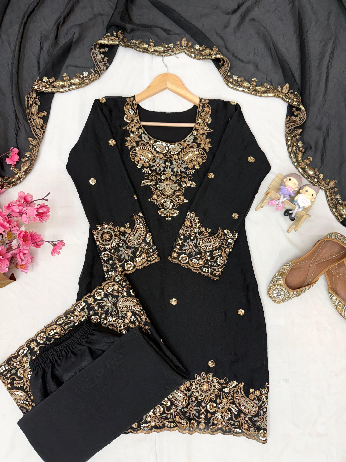 Black Color Zara-Zari Collection: NC Moss Silk Embroidered Kurti & Palazzo Set