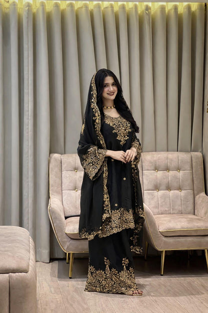 Black Color Zara-Zari Collection: NC Moss Silk Embroidered Kurti & Palazzo Set