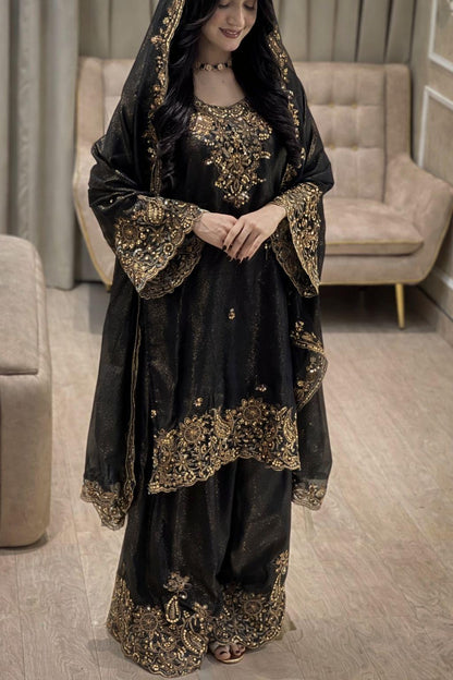 Black Color Zara-Zari Collection: NC Moss Silk Embroidered Kurti & Palazzo Set
