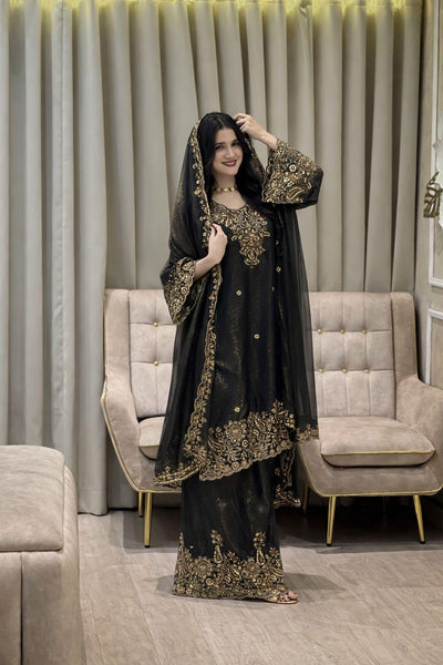 Black Color Zara-Zari Collection: NC Moss Silk Embroidered Kurti & Palazzo Set