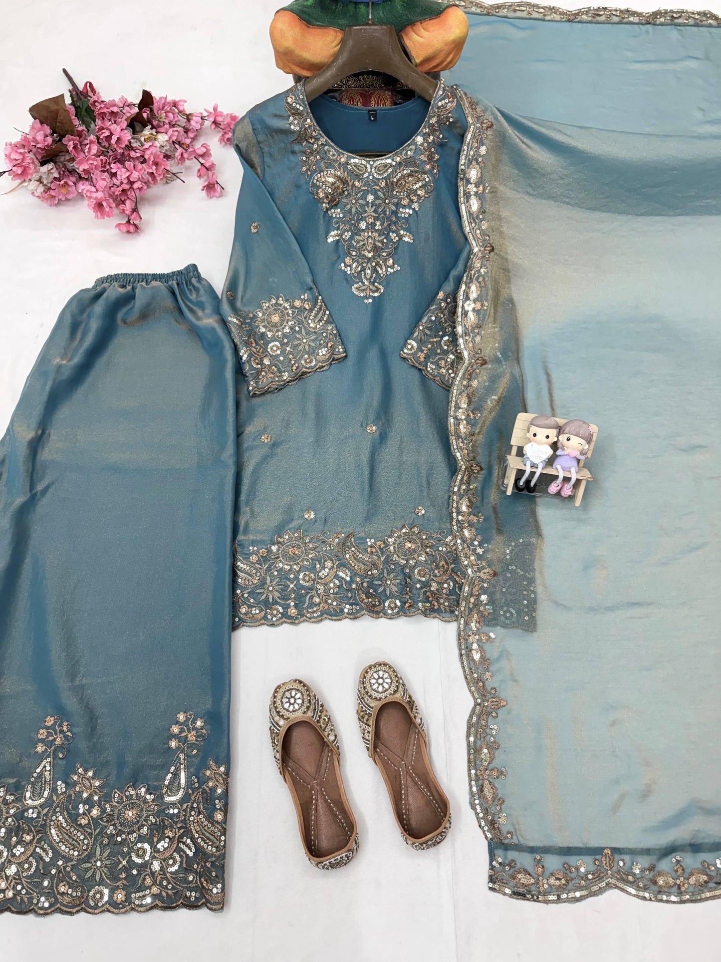 Peacock Blue Zara-Zari Collection: NC Moss Silk Embroidered Kurti & Palazzo Set