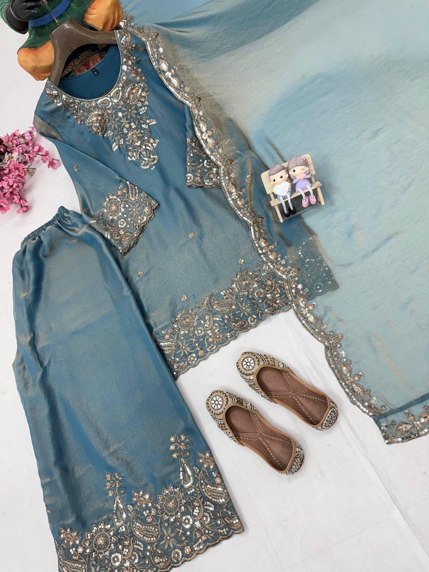 Peacock Blue Zara-Zari Collection: NC Moss Silk Embroidered Kurti & Palazzo Set