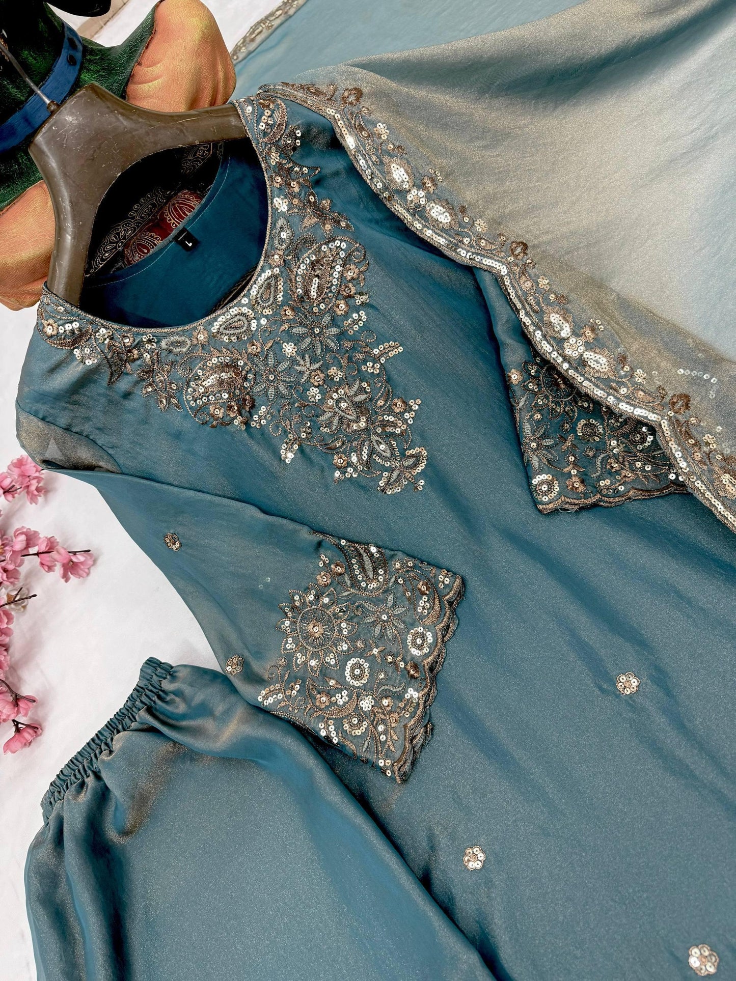 Peacock Blue Zara-Zari Collection: NC Moss Silk Embroidered Kurti & Palazzo Set