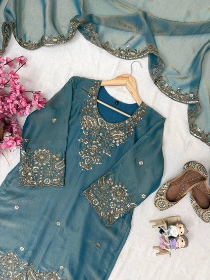 Peacock Blue Zara-Zari Collection: NC Moss Silk Embroidered Kurti & Palazzo Set