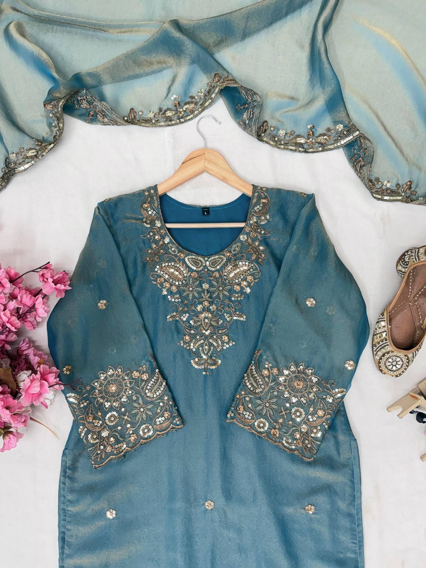 Peacock Blue Zara-Zari Collection: NC Moss Silk Embroidered Kurti & Palazzo Set