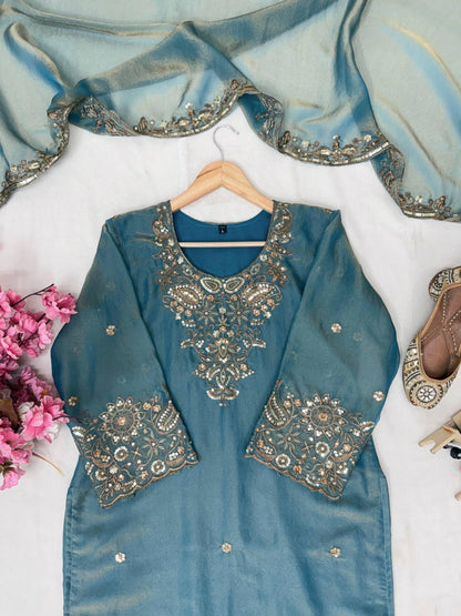 Peacock Blue Zara-Zari Collection: NC Moss Silk Embroidered Kurti & Palazzo Set