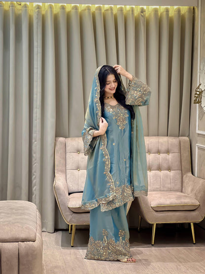 Peacock Blue Zara-Zari Collection: NC Moss Silk Embroidered Kurti & Palazzo Set