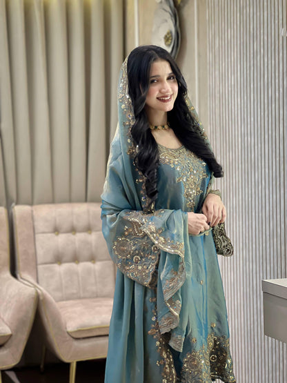 Peacock Blue Zara-Zari Collection: NC Moss Silk Embroidered Kurti & Palazzo Set