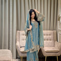 Peacock Blue Zara-Zari Collection: NC Moss Silk Embroidered Kurti & Palazzo Set