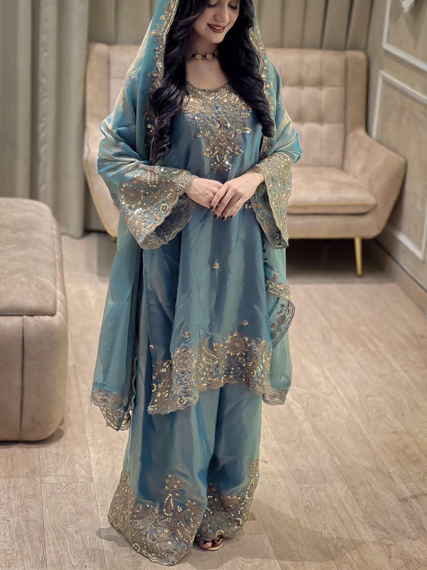Peacock Blue Zara-Zari Collection: NC Moss Silk Embroidered Kurti & Palazzo Set