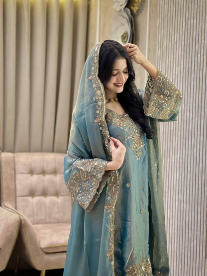 Peacock Blue Zara-Zari Collection: NC Moss Silk Embroidered Kurti & Palazzo Set