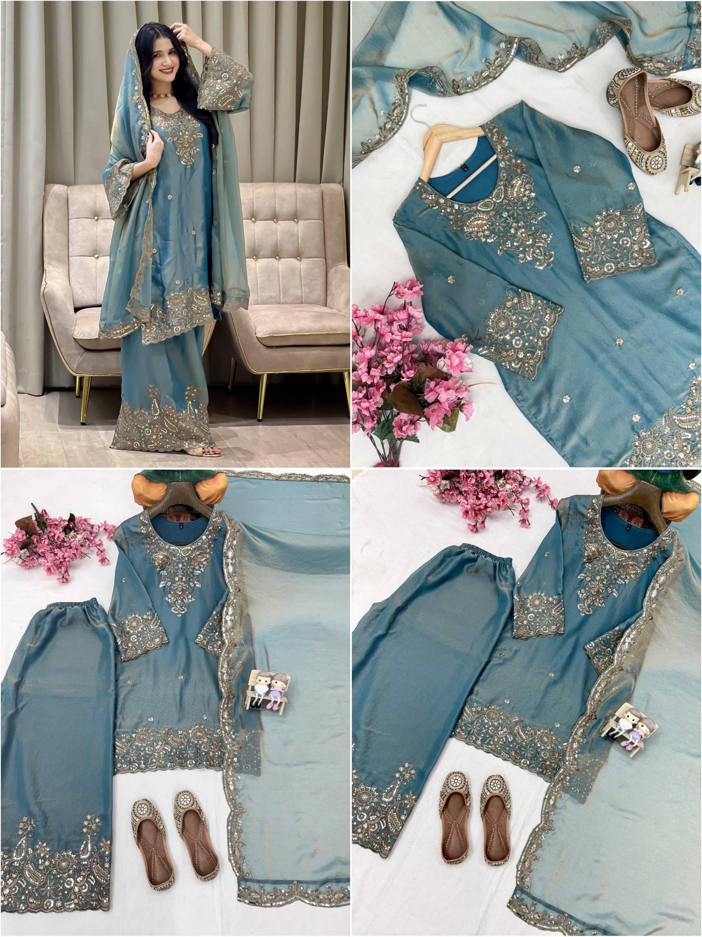 Peacock Blue Zara-Zari Collection: NC Moss Silk Embroidered Kurti & Palazzo Set