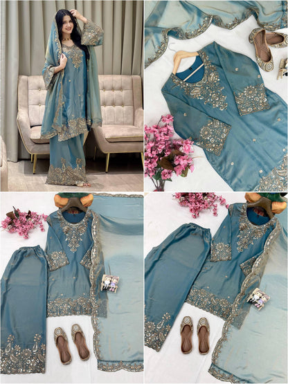 Peacock Blue Zara-Zari Collection: NC Moss Silk Embroidered Kurti & Palazzo Set