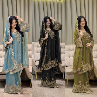 Peacock Blue Zara-Zari Collection: NC Moss Silk Embroidered Kurti & Palazzo Set