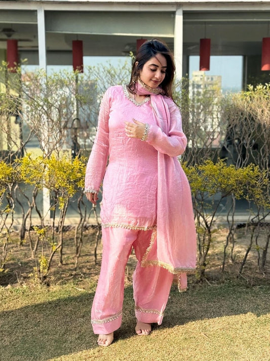 Soft Baby Pink Satin Silk Farshi Salwar Set Hand-Embellished Designer Wear