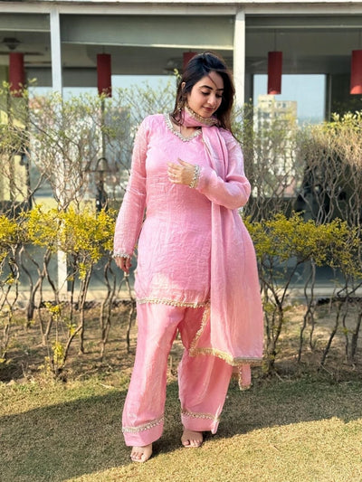 Soft Baby Pink Satin Silk Farshi Salwar Set Hand-Embellished Designer Wear