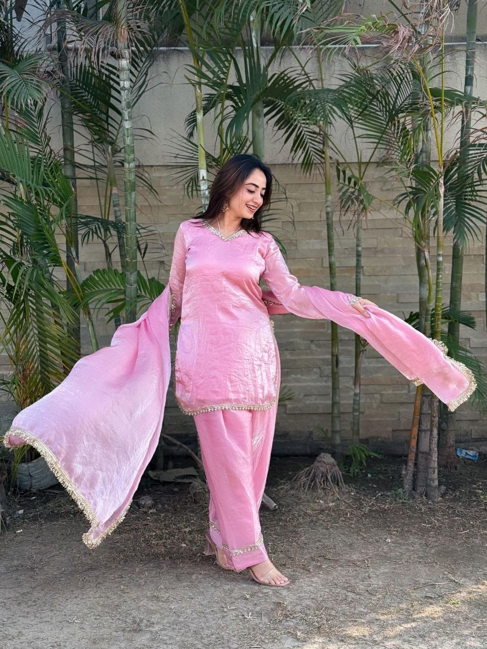 Soft Baby Pink Satin Silk Farshi Salwar Set Hand-Embellished Designer Wear