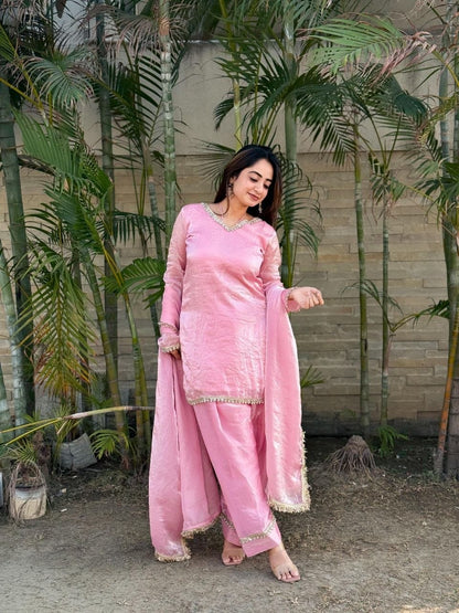 Soft Baby Pink Satin Silk Farshi Salwar Set Hand-Embellished Designer Wear
