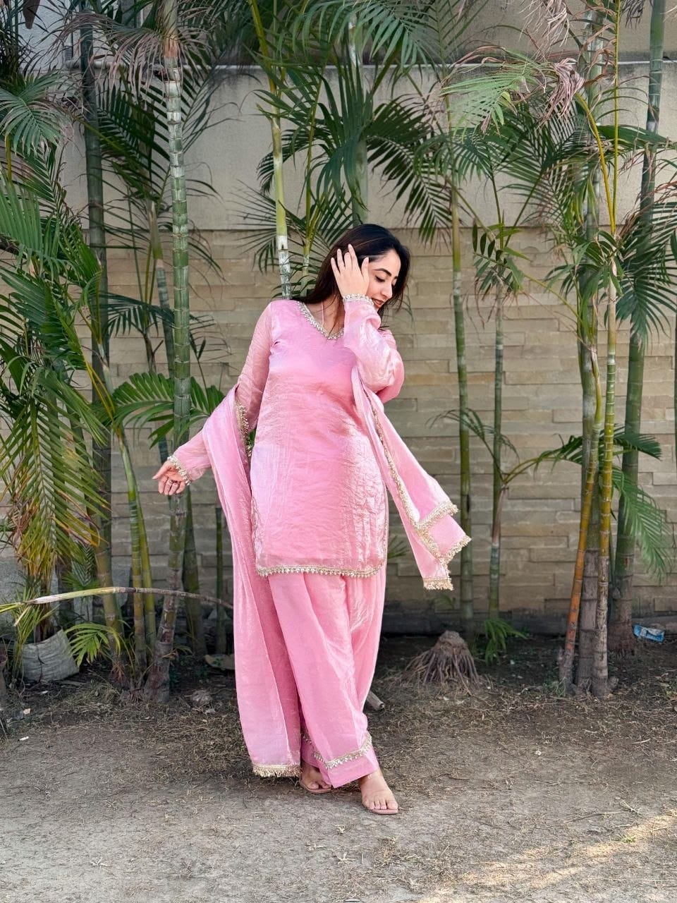 Soft Baby Pink Satin Silk Farshi Salwar Set Hand-Embellished Designer Wear