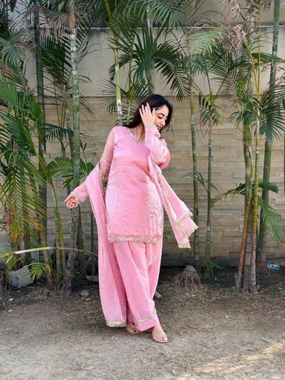 Soft Baby Pink Satin Silk Farshi Salwar Set Hand-Embellished Designer Wear