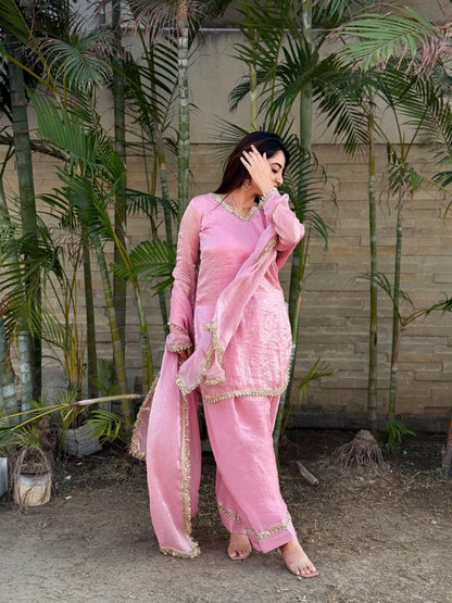 Soft Baby Pink Satin Silk Farshi Salwar Set Hand-Embellished Designer Wear